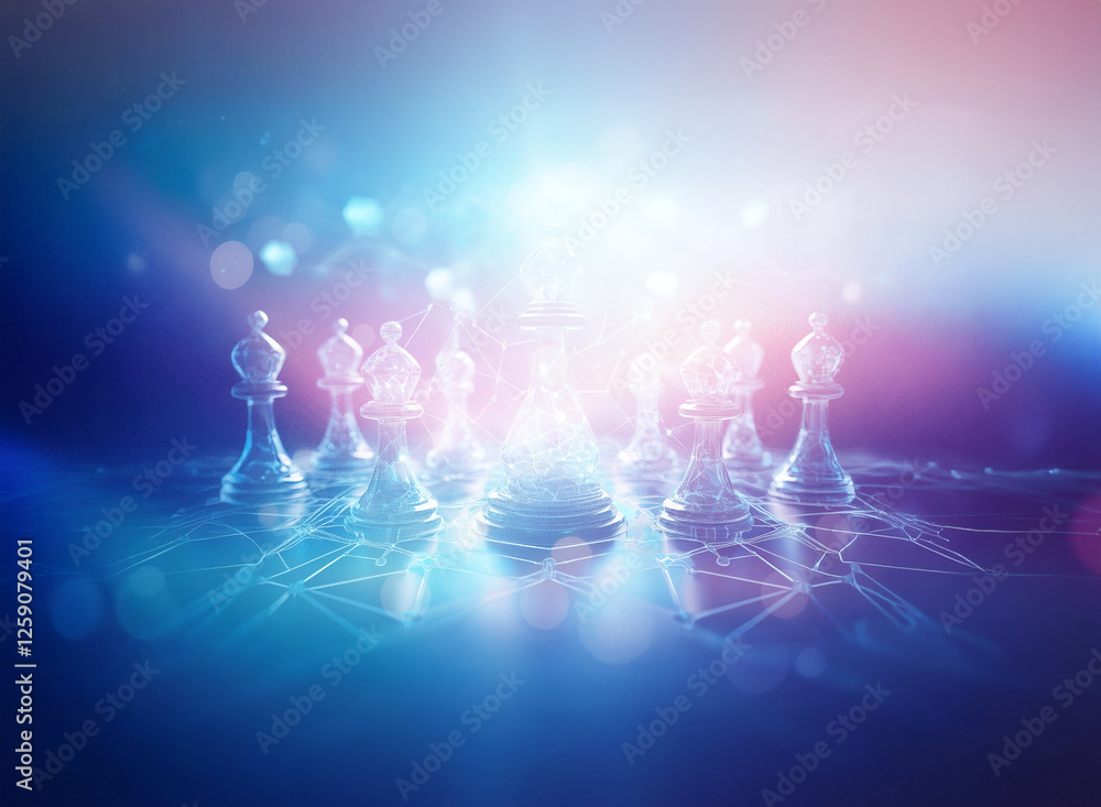 Poster crystal chess pieces stand on a glowing digital grid in a double exposure effect. abstract and futur
