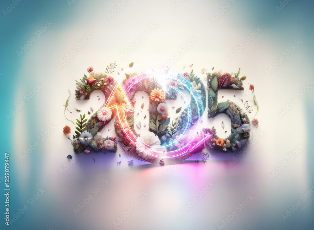 Poster a double exposure image showcasing floral numbers intertwined with light effects, creating a vibrant