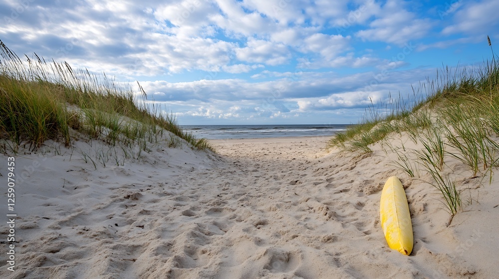 Aufkleber peaceful beach scene with yellow surfboard on sandy shore under soft cloudy sky : generative ai