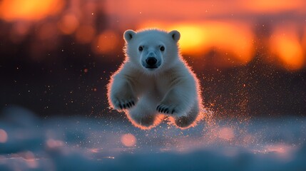 Polar bear cub leaping, sunset arctic, snow background, wildlife conservation