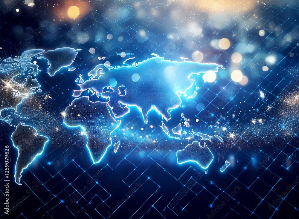 Poster a digital world map with a double exposure effect shows a glowing network over continents against a 