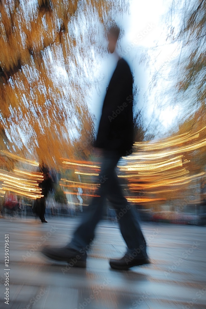 Poster impressionistic scene of a blurred figure walking through city streets illuminated by autumn lights 