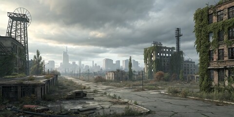 Obraz premium Post-Apocalyptic Cityscape Overgrown Ruins, Distant Skyline, Digital Painting, Environment Concept Art Post-apocalyptic, digital painting