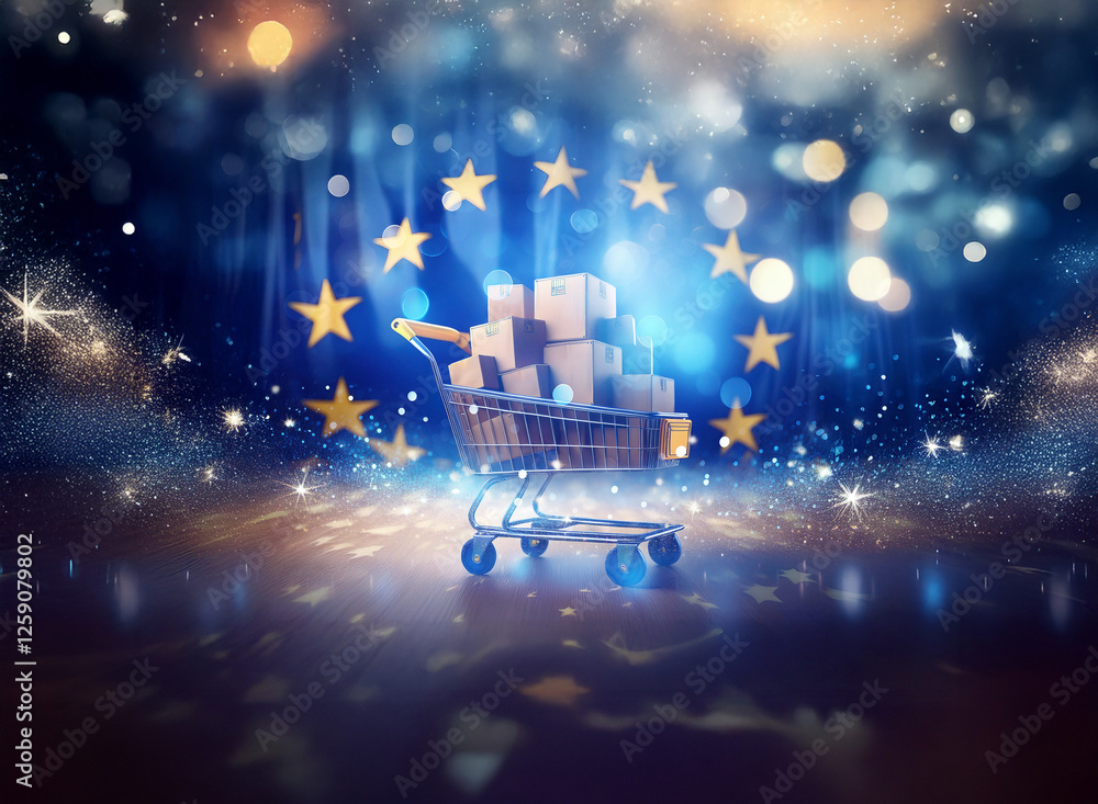Poster double exposure of shopping cart filled with boxes, set against a backdrop of the eu flag with bokeh