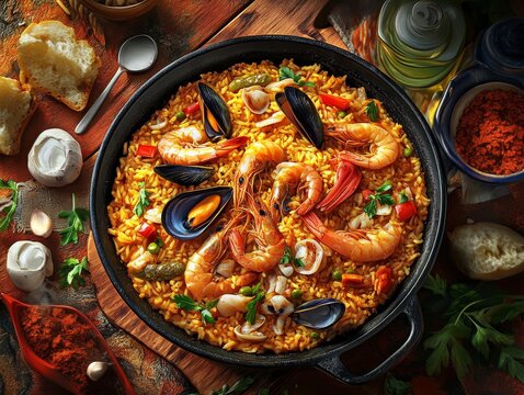 Traditional Portuguese arroz de marisco with seafood. Featuring a rich and savory rice dish. Highlighting the texture and flavors of the seafood and rice. Ideal for food and cultural themes.