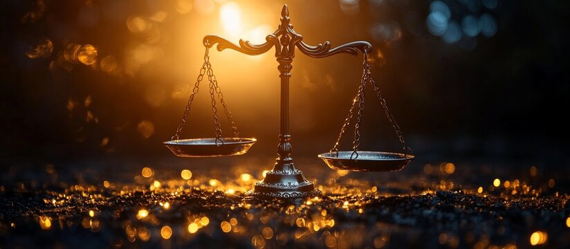 A beautifully lit balance scale symbolizing justice, set against a shimmering background