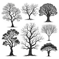 Six Bare Trees Ink Drawing Illustration, Nature Silhouette, Tree Collection, Botanical Art Tree silhouettes, Ink drawing