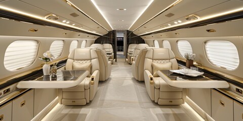 Obraz premium Luxurious Interior of a Private Jet with Plush Leather Seating and Elegant Decor Showcasing the Epitome of Comfort and Exclusive Air Travel Experience