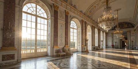 Fototapeta premium Sunlit Palace Hall Baroque Architecture, Grand Windows, Ornate Chandeliers, Interior Design Palace, Baroque architecture