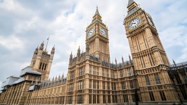 Iconic Big Ben clock tower and Houses of Parliament in London under cloudy sky : Generative AI