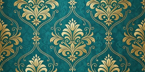 Teal and Gold Damask Wallpaper Repetitive Baroque Pattern Design,Digital Art,Luxury Texture, Green Background Damask, Wallpaper