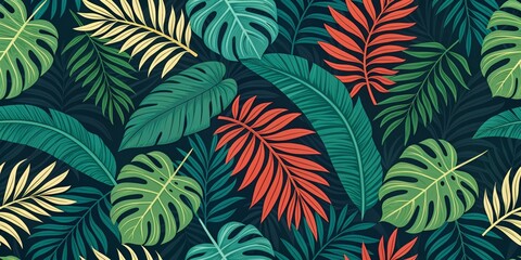 Fototapeta premium Tropical Leaf Seamless Pattern Dark Teal Background, Lush Greens and Reds, Illustration, Jungle Foliage Tropical, Pattern