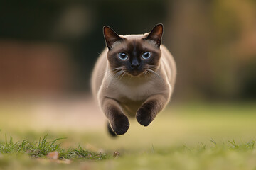 Siamese cat with blue eyes and whiskers gracefully jumping on grass in motion