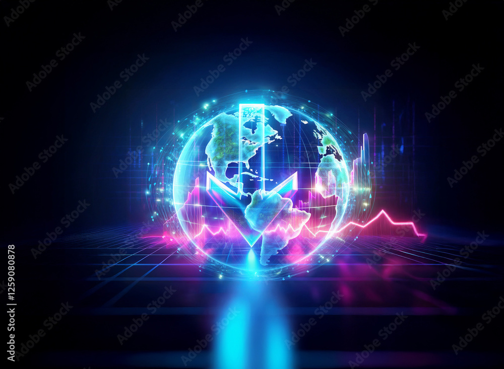 Poster double exposure image: a glowing globe with a downward arrow and graph line in neon colors, creating