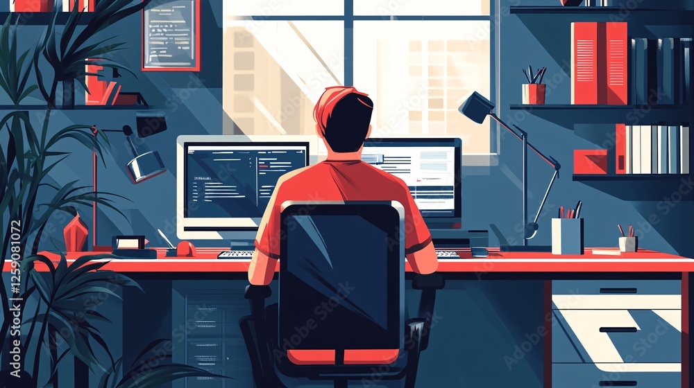 Poster Programmer is writing code on his computer in his home office