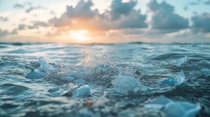 Obraz premium Pollution, close-up of plastic waste floating in the ocean, soft waves in the background