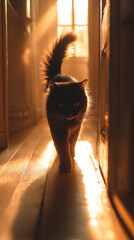 Persian cat walking indoors with sunlight casting a silhouette in a serene atmosphere