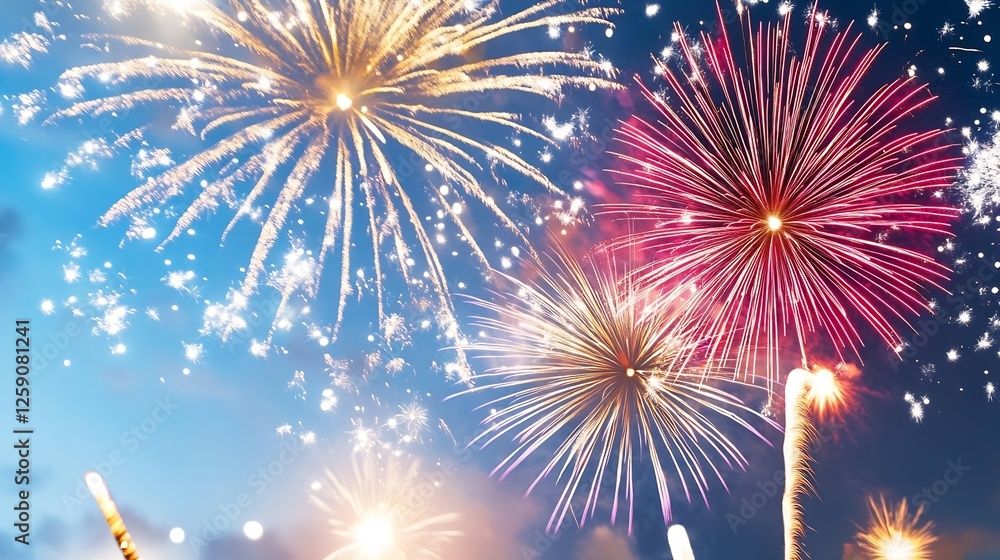 Poster colorful fireworks exploding in the night sky creating a festive atmosphere : generative ai