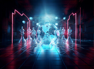 Double exposure blends chess pieces, a glowing globe, and network lines with neon lights. Perspective view with red and blue tones.