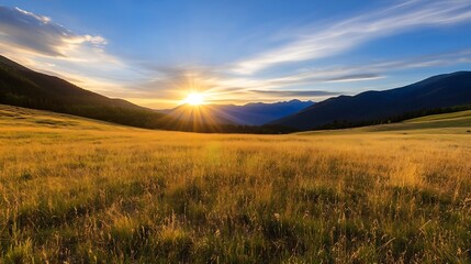 Golden Hour Sunset Over Mountain Range and Green Meadow Landscape : Generative AI