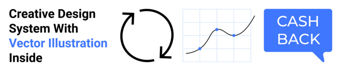 Circular arrow for recycling or repeat concepts, line graph growth chart indicating progress, cashback speech bubble highlighting savings. Ideal for finance, business, marketing, analytics