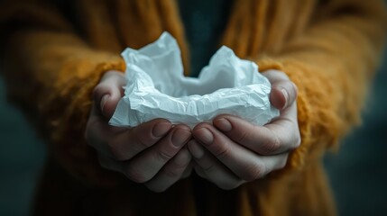 Sadness, close-up of hands holding a tissue, soft emotional lighting