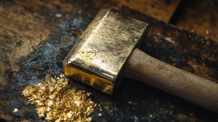 Brass hammer and gold leaf on wood.