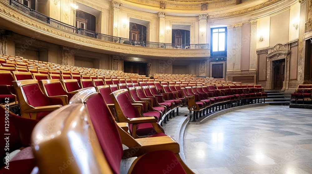 Poster Elegant Empty Theater Hall with Rows of Red Seats and Grand Architecture : Generative AI
