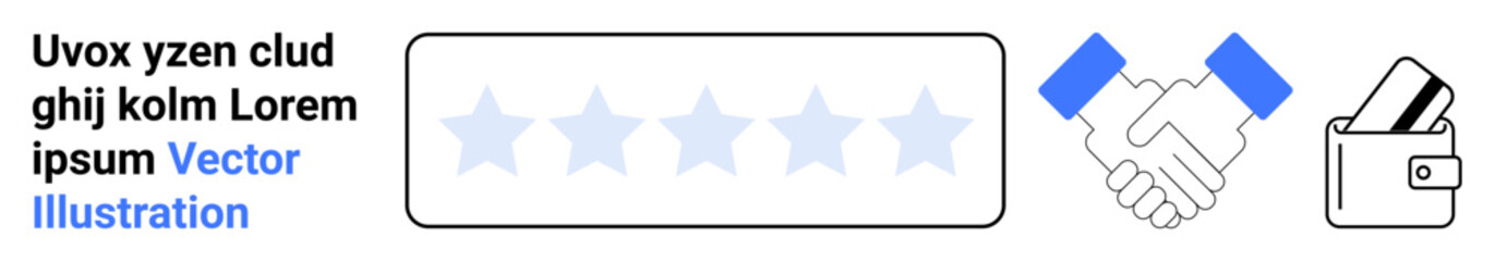 Obraz premium Five-star rating system, handshake, and wallet with credit card icons representing customer feedback, business agreements, and payment transactions. Ideal for reviews, services, partnerships