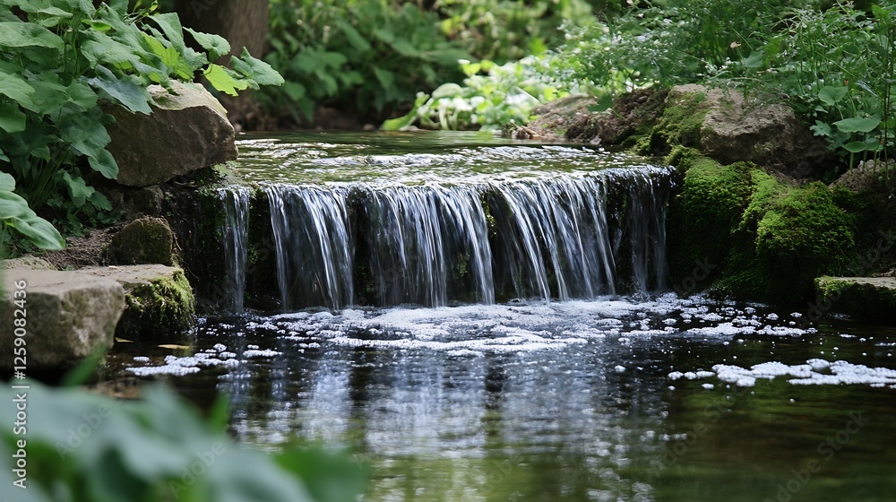 Aufkleber serene waterfall flowing into a peaceful pond surrounded by lush greenery : generative ai