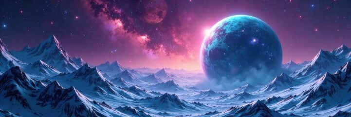 Celestial Planet with Icy Crystals and Space Mist, space atmosphere, planetary, crystal