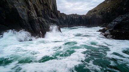 Fototapeta premium Rough Waves Crashing Against Rocky Coastline Under Dramatic Sky : Generative AI