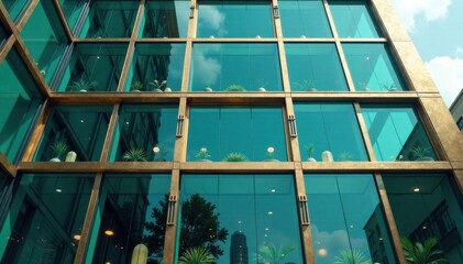 Business building with gold accents and dark teal windows, urban, cityscape, modern
