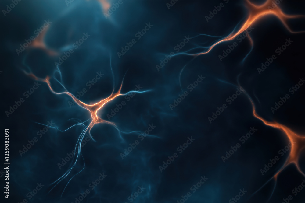 Poster exploring vibrant neural connections with luminous strands and dark backdrop