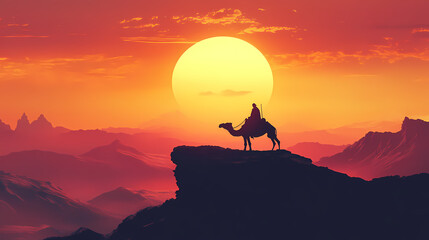 A serene silhouette of a traveler on a camel against a stunning sunset backdrop, evoking adventure and exploration. Silhouette Nomads. Illustration