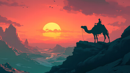 A serene silhouette of a traveler on a camel against a stunning sunset backdrop, evoking adventure and exploration. Silhouette Nomads. Illustration