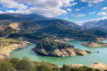 Fototapeta premium Guadalhorce or Guadalteba reservoirs are group of six reservoirs on the middle course of the Guadalhorce River and two of its largest tributaries: Turon River and Guadalteba River, Andalusia, Spain