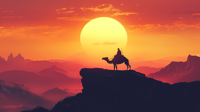A serene silhouette of a traveler on a camel against a stunning sunset backdrop, evoking adventure and exploration. Silhouette Nomads. Illustration