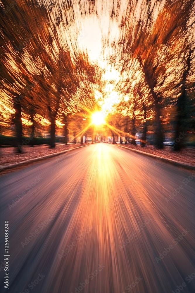 Aufkleber Stunning Sunset with Blurred Motion in Autumn Park Road Creating a Dynamic Atmosphere : Generative AI