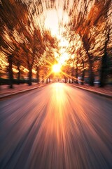 Stunning Sunset with Blurred Motion in Autumn Park Road Creating a Dynamic Atmosphere : Generative AI