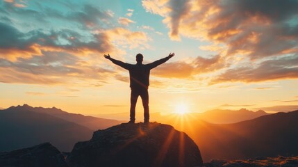 Fototapeta premium Man Stands on Mountain Peak with Arms Raised at Sunrise Embracing Freedom