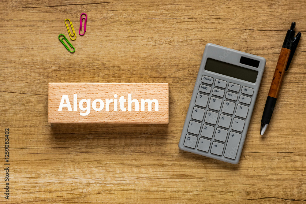 Poster there is wood block with the word algorithm. it is as an eye-catching image.