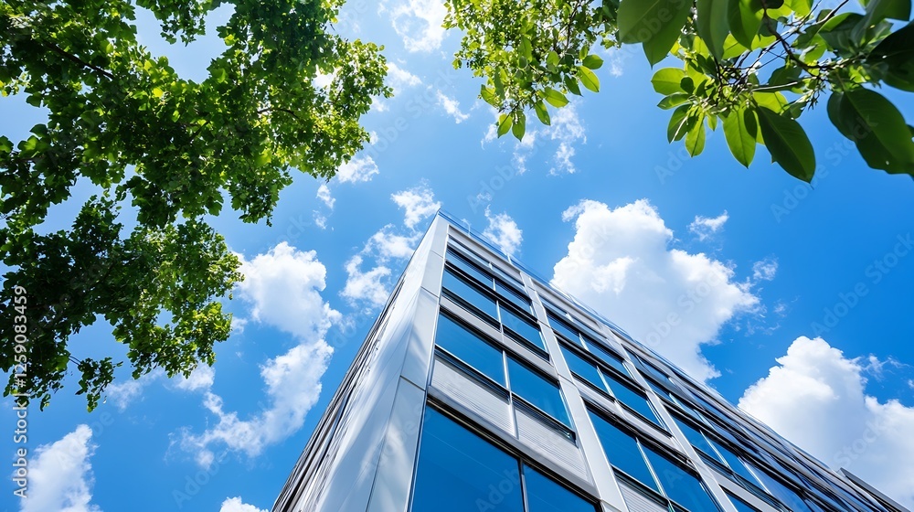 Poster Refreshing View of a Modern Building Against Clear Blue Sky with Green Trees : Generative AI