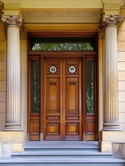 Obraz premium Elegant Wooden Double Door Design with Classic Columns and Greenery : Generative AI