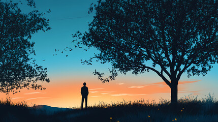A silhouetted figure stands against a serene landscape, surrounded by trees, gazing at a distant horizon during twilight. Silhouette Nomads. Illustration