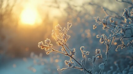Winter, close-up of frost-covered branches, cold sunlight in the background