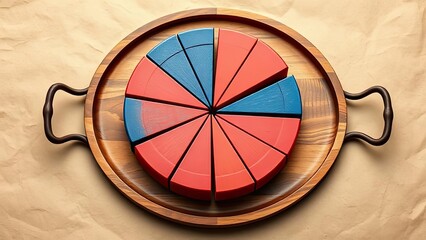 Red and Blue Pie Chart Segments on Wooden Tray Data Business Marketing