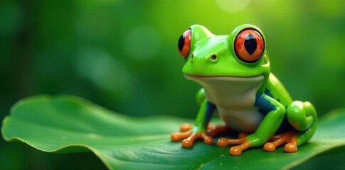 Obraz premium Cartoon green frog looking at leaf with big eyes , funny, leaf, green frog