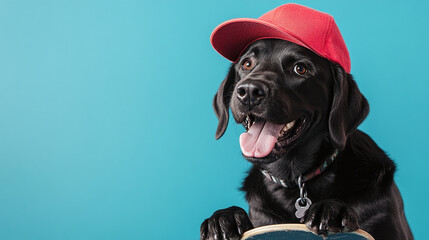 Cool black lab dog in baseball cap sitting on skateboard, blue background with copy space for text.