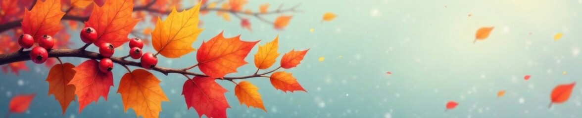 Obraz premium Cartoon illustration of autumn branch with colored leaves and berries, autumn, foliage, illustrations